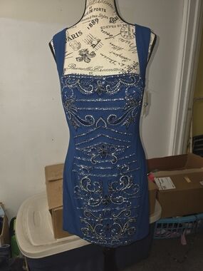 NWT Intrigue By Blush Embellished Blue Square-Neck Cocktail Dress
